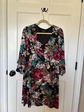 connected apparel Black Floral V-Neck Dress with Pink and Teal Accents